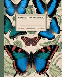 Composition Notebook College Ruled Vintage Blu Butterfly: Botanical Illustration, Cute Aesthetic Notebook for School, College, Office
