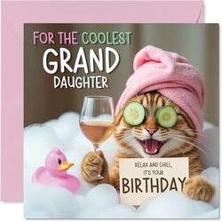 Funny Granddaughter Birthday Card - Relaxing Bath Cat - Cheeky Happy Birthday Card for Granddaughter from Grandad Grandma, 145mm Joke Humour Bday Greeting Cards