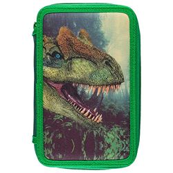 Idena 20118 - Leerlingen etui Triple met 3 ritsvakken en gevuld met 47 stuks, dinosaurus design, etui met gekleurde pennen, liniaal, potloden en andere accessoires voor school