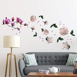 WALPLUS Pegatinas Decorativas Tema Floral Perfectas Para Regalo. Decoración Adhesiva Fácil De Usar Dormitorio Salón Magnolia Grande Con Rosas 51 Piezas Rosa