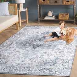 Safavieh Tapis Traditionnel - Lavable en Machine et Antidérapant - Idéal pour Les Zones à Fort Passage - Arizona Collection, Tapis à Poil Court, Ivoire et Bleu, 240 x 300 cm