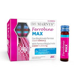 Marnys Ferrobine Max - Hierro, Zinc Y Vitaminas - Fortalecer el Cuerpo, Aliviando Cansancio y Fatiga - Para 1 Mes - 20 Viales Monodosis Con Sabor Cereza