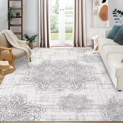 Auton Tapis Lavables, Tapis Doux Antidérapant pour Salon Poils Basses Fleurs Orientales Tapis Intérieur Mince pour Ferme Chambre Salle à Manger Bureau 120x170cm Gris