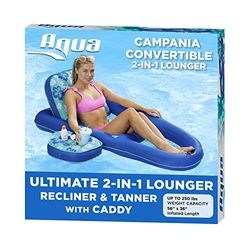 Aqua Campania Ultimate 2-in-1 Zwembad Float Lounge – Extra Large – Opblaasbare zwembaddrijvers voor volwassenen met verstelbare rugleuning & bekerhouder Caddy – Teal Hibiscus