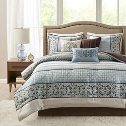 Madison Park All Season Down Alternative Bedding with Matching Shams, Decorative Pillow, Polyester, Blue, Queen