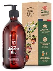 Bionoble Huile de Jojoba Bio 200ml + Pompe - Bouteille en Verre - 100% Pure, Naturelle, Pressée à Froid - Huile de Jojoba pour Cheveux Visage Corps - Vegan Jojoba Oil, Huile Jojoba Bio