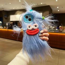 Pretaco Funda para iPhone 14 Pro MAX, Divertidas y tontas Fundas peludas para teléfono [DIY Pelo Largo con Clip para el Pelo], Funda FEA para teléfono, Intercambio de Regalos con Amigos (Azul)