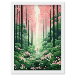 Artery8 Mount Yoshino Cherry Blossom Tree Forest Bright Artwork Baby Pink Green Walk in Nature Trail Artwork Framed Wall Art Print A4