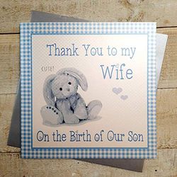 white cotton cards Thank You to My Wife On The Birth of Our Son, Handmade New Baby Card, Code XG69-W, Blue Gingham