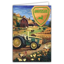 65-1430 - Biglietto di auguri di compleanno antico trattore verde e bronzo lucido, con busta bianca, formato 12 x 17,5 cm, vintage meccanico per agricoltore contadino allevatore, prodotto in Francia