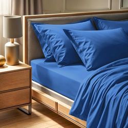 Premium Ranforce King Fitted Sheet (160 x 200 + 30 cm) – 100% bomull, 155 trådantal: maskintvättbar vid 30 °C, elegant blå färg för ultimat komfort