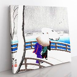 Two Women on Yanagi Bridge by Ohara Koson Asian Japanese Canvas Wall Art Print Ready to Hang, Framed Picture for Living Room Bedroom Home Office Décor, 35x35 cm (14x14 Inch)