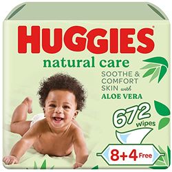 Huggies Natural Care chusteczki dla niemowląt, testowane dermatologicznie, z aloesem, 70% naturalne włókna chłonne, 672 chusteczki