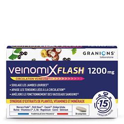 GRANIONS Veinomix Flash 1200 mg : circulation veineuse, jambes lourdes, hémorroïdes - Plantes (marronnier d'inde, petit houx), vitamines, minéraux - 30 comprimés à libération flash made in France