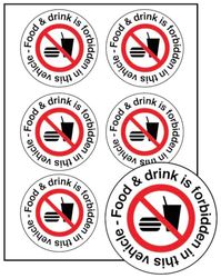 Food & drink is forbidden in this vehicle 65mm dia sheet of 6 peel 'n' stick labels