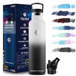 Grsta Drinkfles, 1 liter, drinkfles van roestvrij staal, lekvrij, drinkfles met rietje, thermosfles, BPA-vrij, waterfles voor sport, fitness, gym, outdoor