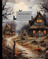 Halloween Composition Notebook: Halloween Themed Haunted House Design blank lined Wide Ruled paper for writing