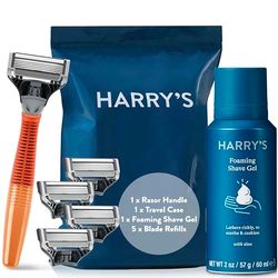 Harry's Razors for Men - Men's Razor Set with Bright Orange Handle, 5 Razor Blade Refills, Travel Blade Cover, 60ml Shave Gel