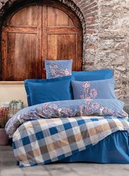 Nuit Des Rêves Ranforce Juego de Fundas de edredón Doble (200 x 200 cm), 100% algodón, Azul Oscuro y Beige, 2 Fundas de Almohada (80 x 80 cm), Lavable a máquina, Elegante impresión de Pigmento