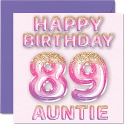 89th Birthday Card for Auntie - Pink & Purple Glitter Balloons - Happy Birthday Cards for 89 Year Old Aunt Aunty from Nephew Niece, 145mm Bday Greeting Cards Gift