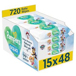 Pampers Harmonie Aqua Baby Wipes Plastic Free 15 Packs x Wipes = 720 pieces, Help restore natural skin pH, light lotion with 99% water