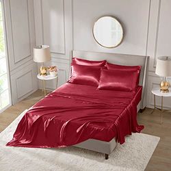 Madison Park Essentials Satijnen lakenset, luxe en zijdeachtig met natuurlijke glans, premium 40,6 cm diepe zak, rondom elastisch - beddengoed het hele jaar door, queensize, rood, 6-delig
