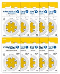 everActive 10, 60 stycken, hörapparatsbatterier, hög prestanda, zinkluftbatterier, 10 blisterkort, 4 års hållbarhet, gul, Ultrasonic PR70