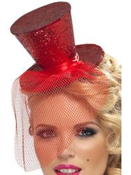 Smiffys Serre-tête sexy avec mini haut de forme, rouge, avec voilette détachable