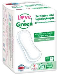 Love & Green Serviettes hygiéniques, écologiques et hypoallergéniques - certifiées Ecolabel et Dermatest - "MAXI SUPER" x 14 : Sans colorant, parfum, allergènes