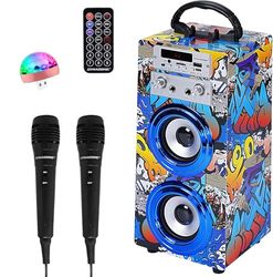 Máquina de Karaoke Portátil DYNASONIC, Altavoz Karaoke con 2 Micrófonos, Altavoz Bluetooth, Luz USB incluida, Lector USB y SD, diseño Exclusivo, Regalo Original (025-16 luz)