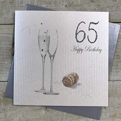 witte katoenen kaarten 65 Happy, Handgemaakte 65e Verjaardagskaart, Champagne/Zilver, Wit