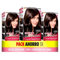 Garnier Color Sensation, confezione da 3, colori vivaci e durevoli, copertura completa dei capelli grigi, facile applicazione con ciotola e pennello, capelli morbidi e setosi, 3.0 castano scuro