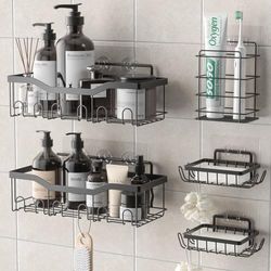 OUSFOT Doucherekset met 5 organizers, 304 roestvrij staal, voor badkamer met zeepbakje, lijmrek voor badkamer, shampoohouder, zwart