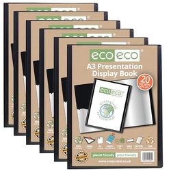 eco-eco A3 Size 50% Recycled 20 Pocket Black Presentation Display Book, Storage Case Portfolio Art Folder with Plastic Sleeves, Pack of 6, eco005x6