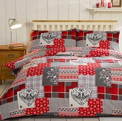 Alpine Patchwork 100% geborsteld katoen flanel hart dekbedovertrek en 2 kussensloop beddengoed set rood/veelkleurig, koning