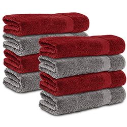 Komfortec Lot de 8 Serviette de Bain 100% Coton, éponge, Doux, 50x100 cm (Anthracite/Rouge Aurore)