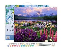 Figured'Art Peinture par Numéro Adulte avec Cadre Fleurs et Lac au Pied de la Montagne - Activité Manuelle Kit de Loisir Créatif DIY Numéro d'art Complet - 40x50cm Toile tendue sur châssis