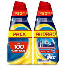 Finish All in 1 Max Power Gel Limão desengordurante detergente gel para máquina de lavar louça, 2 unidades, 100 lavagens