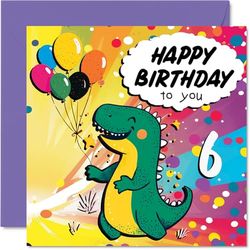 6th Birthday Card Boy - Roarsome Dinosaur Party - Dinosaur Birthday Card for 6 Year Old Boy, Age 6 Boys Cards, 145mm Cute Greeting