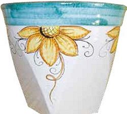 VASO GIRASOLI IN CERAMICA DI VIETRI DIPINTO A MANO + SOTTOVASO IN CERAMICA; FIORIERA: ALTEZZA CM. 31, DIAMETRO CM. 30