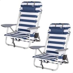 AKTIVE Zestaw 2 składanych krzeseł wielopozycyjnych na plażę, do ogrodu, na taras lub na kemping, żeglarstwo, 4 pozycje, 50 x 45 x 76 cm, w zestawie z kieszenią, stoperami zapobiegającymi