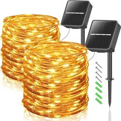 GutPop Catena di luci solari per esterni, 12 m, 100 LED, per esterni, a energia solare, per esterni, con 8 modalità per balcone, decorazione da giardino, alberi, terrazze, matrimoni, bianco caldo, 2