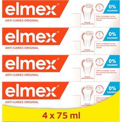 ELMEX - Dentifrice Elmex Anti-Caries Original 0 % Colorants - Caries - Dents Sensibles, Gencives Douloureuses, Protection de l'Email - 75 ml - Pack de 4