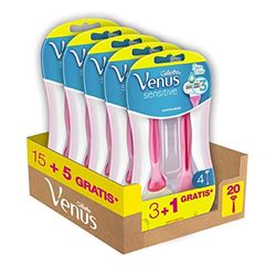 Gillette Venus Sensitive - Cuchillas de afeitar para mujer, 3 + 1, paquete de 20 cuchillas (3 cuchillas), afeitado liso con tira hidratante desechable Gillette, idea de regalo