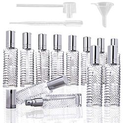 YU FENG 12pcs Engraved Taj Mahal Style Clear Glass Atomizer Spray Bottles Empty Refillable for Perfume Essential Oil,Packed with Funnels Pipettes Dispensers