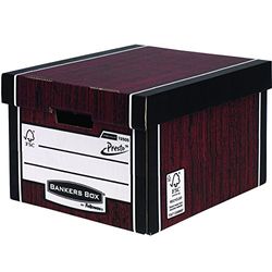 BANKERS BOX 10 Premium Classic Storage Box with Lids - Cardboard Storage Box with Lids for Office Storage - Archive Boxes with Handles - W33 x H25.4 x D38.1cm (Pack of 10) - Woodgrain