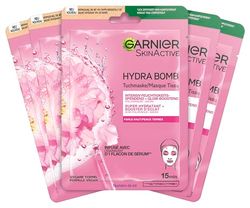 Garnier Maschera per panno, maschera viso per pelle pallida, bagliore e idratante, con acido ialuronico e sakura, Hydra Bomb, 5 x 28 g