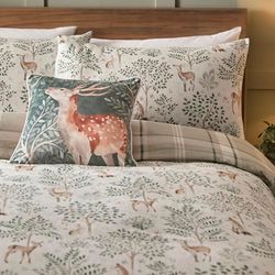 Dreams & Drapes Forest Deer Duvet Cover Set – Super King Bedding Size (260 x 220cm) – 100% Brushed Cotton Flannelette – Reversible Woodland Design – Natural Check – 2 Pillowcases Included