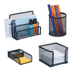 Relaxdays Desk Organiser Set, 4 Pieces, Document, Note Box, Paperclip & Pen Holder, Metal, Grey, Steel, Various Sizes