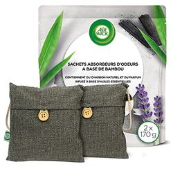 Airwick Sachets Absorbeurs d'Odeurs à Base de Bambou, au Charbon Naturel et aux huiles essentielles de Lavande, pour Armoire, Voiture, Chaussure et Sac de sport – Lot de 2 sachets désodorisant x 170g
